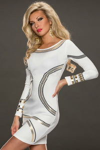 White Gold Metallic Trim Long-sleeve Bodycon Dress