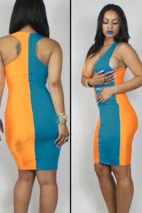 Orange Blue Block Plunging Neck Bodycon Dress