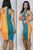 Orange Blue Block Plunging Neck Bodycon Dress