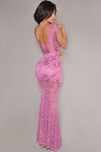 Orchid Lace Nude Illusion Low Back Evening Dress
