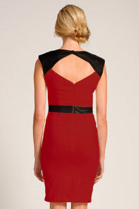Red Black V Neck-line Bodycon Dress With Waterfall Details