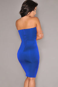 Blue Plunging V Neck Strapless Bodycon Party Dress