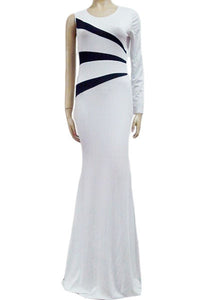 White Black One Sleeve Side Striped Evening Dress