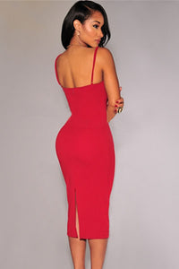 Red Plunging V Neck Midi Dress