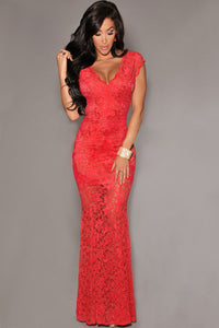 Red Lace Nude Illusion Low Back Evening Dress