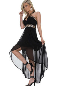 Sequin Embellished Black Evening Dress with Chiffon
