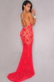 Red Lace Nude Illusion Crisscross Back Evening Dress