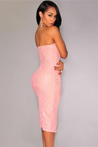 Pink Lace Strapless Padded Knee Length Evening Dress