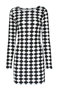 Long Sleeve Black White Diamond Pattern Vintage Dress