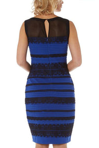 Blue Sleeveless Lace Striped Bodycon Dress