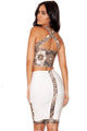 White and Taupe Printed Bandage Two Piece Skirt Set