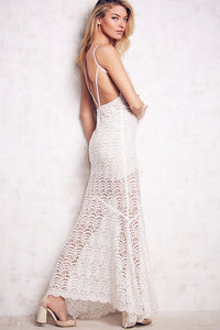 White Lacy Fish Scale Open Back Evening Dress
