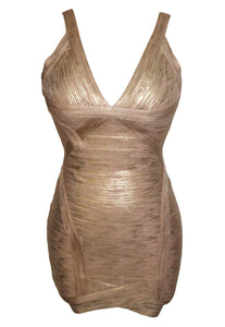 Metallic V-neck Backless Bodycon Cocktail Party Bandage Dress