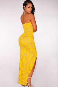 Yellow Plunging Strapless Sexy Slit Gown