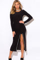 Black Bejeweled High Slit Long Sleeve Party Maxi Dress