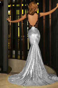 Silver Sequin Split Front Mermaid Prom Dress