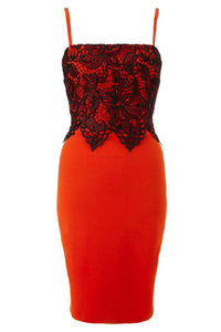 Red Lace Applique Pleated Bodycon Dress
