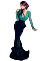 Shimmering Green V Neck Lace Bodice Velvet Maxi Mermaid Dress