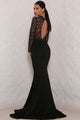 Black Sheer Glitter Mock Neck Cut Out Back Maxi Evening Gown