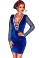 Blue Velvet Rhinestone Detail Lace Insert Evening Party Dress