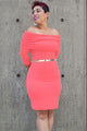 Off Should Three Quarter Sleeve Ruched Overlay Bust Bodycon Dress
