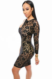 Leatherette Insert One Sleeve Sassy Lace Club Bodycon Dress