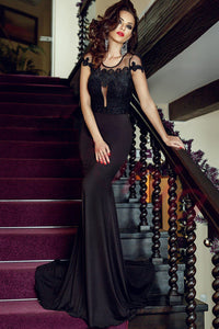 Black Lace Embroidered Floor Length Party Gown