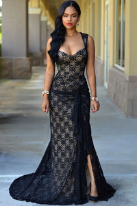 Black Lace Nude Illusion Ruched Gown