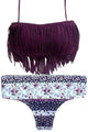 Dark Purple Halter Fringed Floral Printed Bikini Swimsuit
