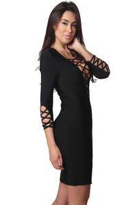 Black Asymmetric Cut out Lace up Long Sleeve Bandage Dress