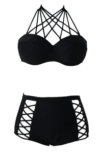 Black Strappy Push-up High Waist Bikini Swimsuit