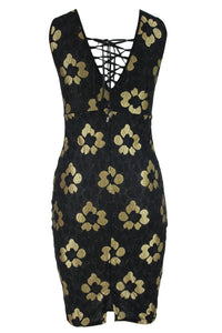 Golden Embroidered Black Floral Dress