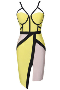 Yellow Cutout Bandage Dress with Black Lines