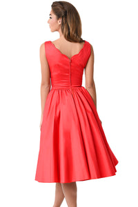 Red Scallop Neck Cinched Waist Ladylike Vintage Dress