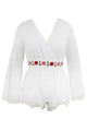 White Bell Sleeve Scalloped Lace Trim Belted Playsuit