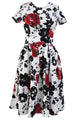 1950s Style Black Red Floral Short Sleeves Swing Dress