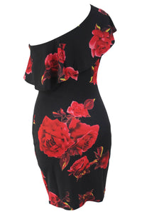 Red Rose Print Frill One Shoulder Midi Dress