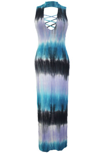Bluish Tie Dye Print Sexy Cutout Maxi Dress