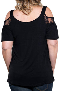 Black Floral Lace Yoke Cold Shoulder Pleated Plus Size Blouse