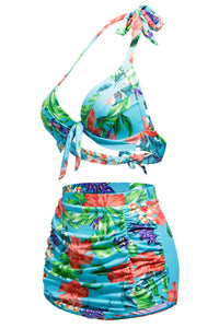 Floral Print Bluish Retro High Waist 2 Pieces Plus Swimsuit