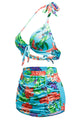 Floral Print Bluish Retro High Waist 2 Pieces Plus Swimsuit
