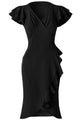 Black 50s Flutter Sleeves Wrap Ruffled Vintage Dress