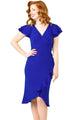 Blue 50s Flutter Sleeves Wrap Ruffled Vintage Dress