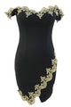 Gold Lace Applique Black Off Shoulder Mini Dress