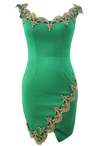 Gold Lace Applique Green Off Shoulder Mini Dress