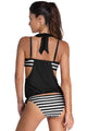 2pcs Solid Black Splice Striped Halter Tankini Swimsuit