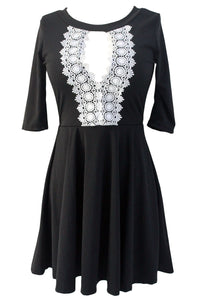 Crochet Lace Keyhole Stylish Black Skater Dress