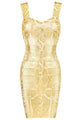 Snake Woodgrain Foil Print Bandage Dress in Gold