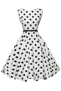 Stylish 50's Retro Black Polka Dot Swing Dress in White