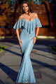 Spaghetti Straps Ruffled Off Shoulder Light Blue Mermaid Dress
